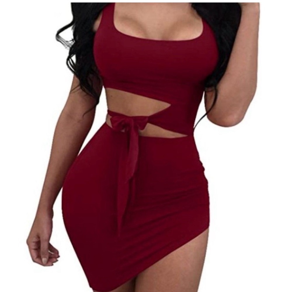 red sleeveless cut-out asymmetrical mini bodycon dress